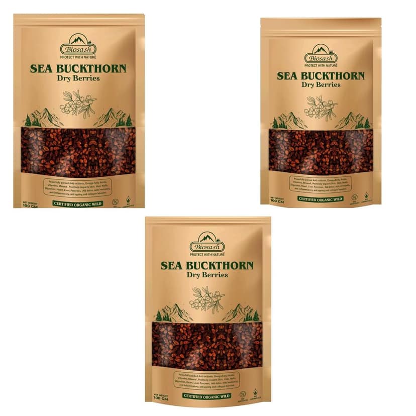 Biosash Sea Buckthorn Dry Berries 100g - Sun Dried Seabuckthorn Berries With Vitamins, Antioxidants, Natural Dried Sea Buckthorn Berry, Omega 3 6 7 & 9 | Helps in immunity, Heart, Liver health
