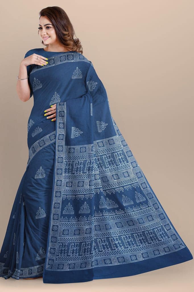 Dark Blue Tribal Motif Chhipa Hand Block Print Malmal Cotton Saree SKU-AS10068 view 2