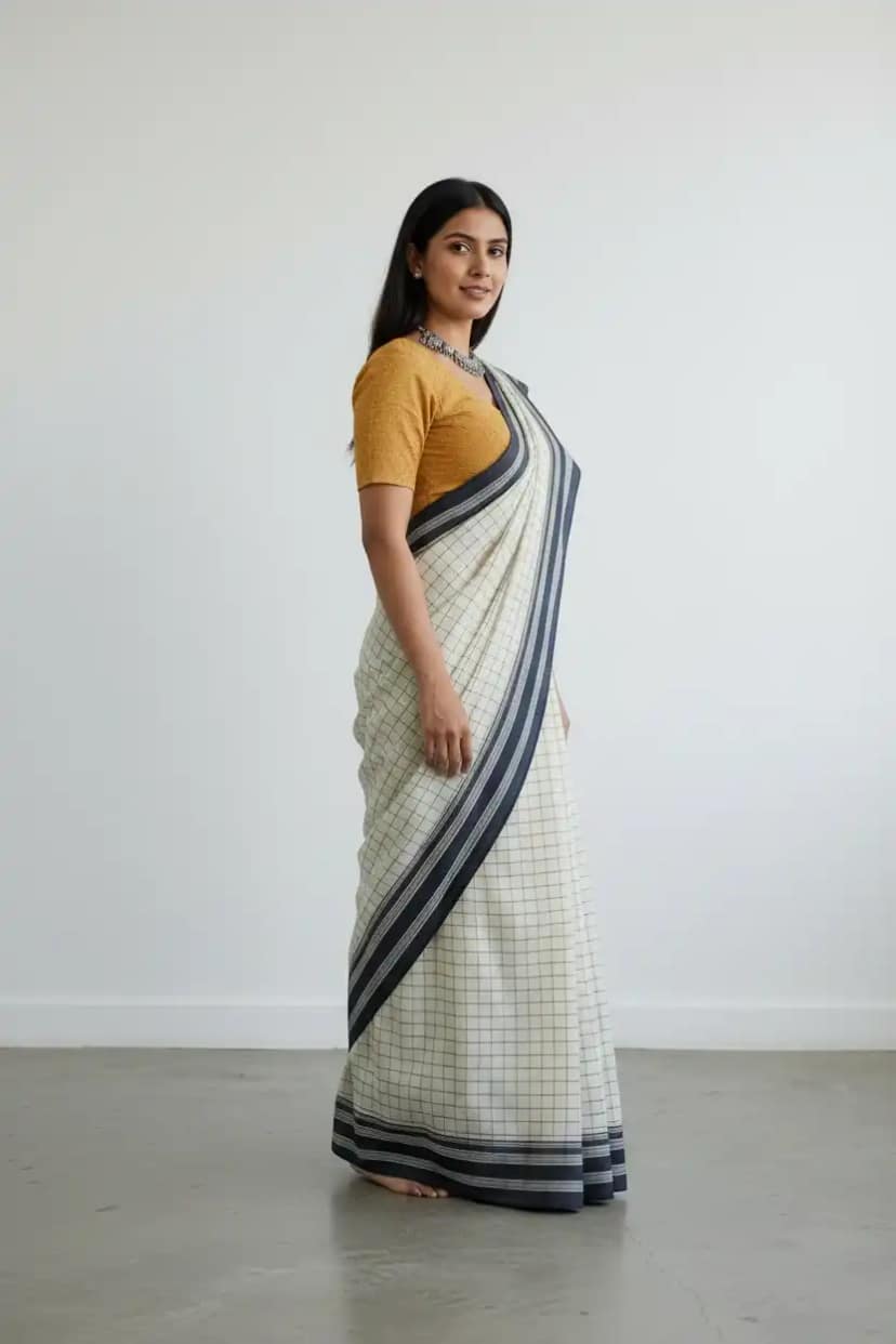 Handwoven Ilkal Saree in White Checks with Striped Borders