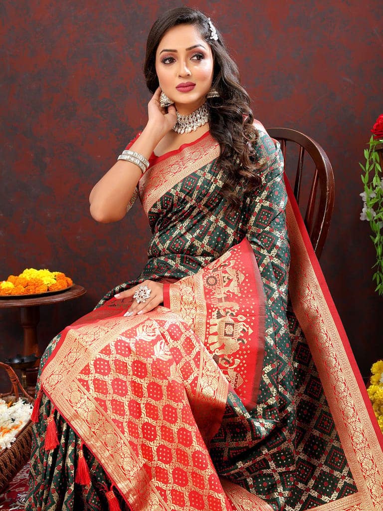 Green & Red Patola Silk Woven Design Meenakari Weaving Saree view 2
