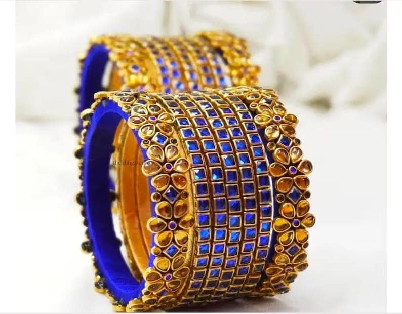 Handmade Gold Plated Kundan Stone Blue Lac Bangles (Set of 6) view 2