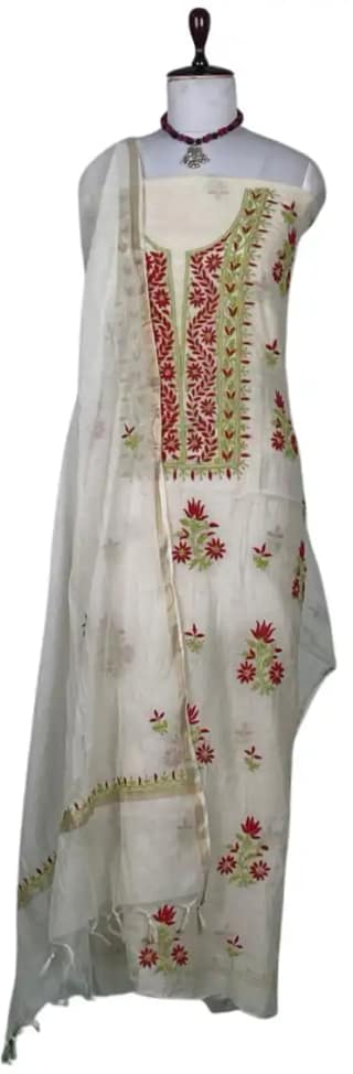 Chikankari Mul Chanderi Dress Material Ivory Red Green