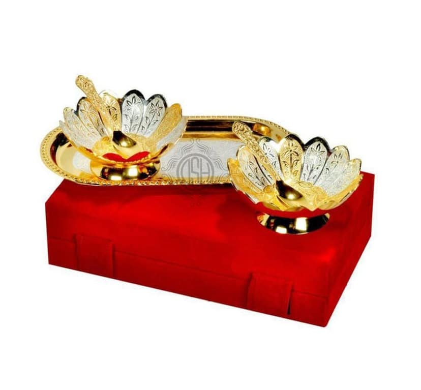 Silver and Gold Plated Floral Bowl Set with Serving Spoons and Tray Used for Dry Fruit, Sweets Home Decor Item with Velvet Box view 2