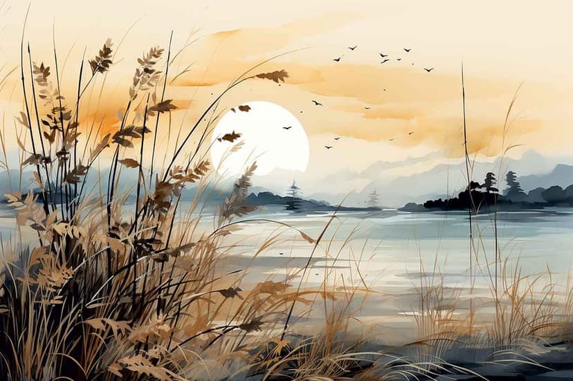SERENE LAKESIDE SUNSET WALLART PRINT 24in X 16in WITH BLACK FRAME view 2
