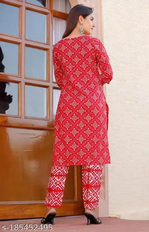 Women Rayon Printed Red Kurti With Pant ( Red) view 2