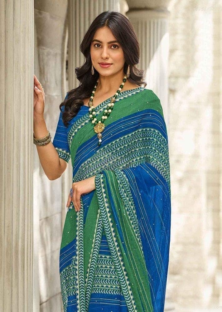 Multicolor Color Chiffon Printed Saree With Fancy Border And Fancy Blouse Piece view 2