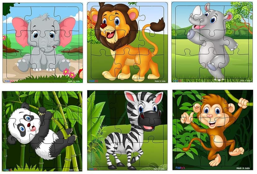Fiddlys Kid's Wooden Jigsaw Puzzle Games for Children & Kids Paperless Puzzle - 9 Pieces (Pack of 6 Animal) Age 3+