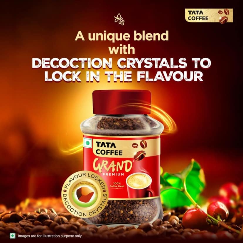 Tata Coffee Grand Premium Instant Coffee, 90g, Jar With Flavour Locked Decoction Crystals, Flavoured Soluble Coffee Powder, Rich Aroma & Great Taste view 2