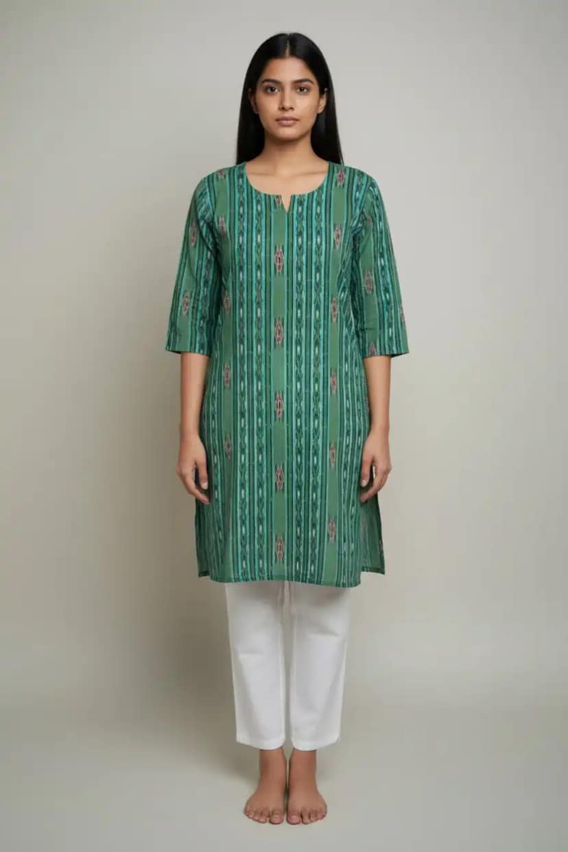 Sambalpuri Ikat Green Cotton Kurti