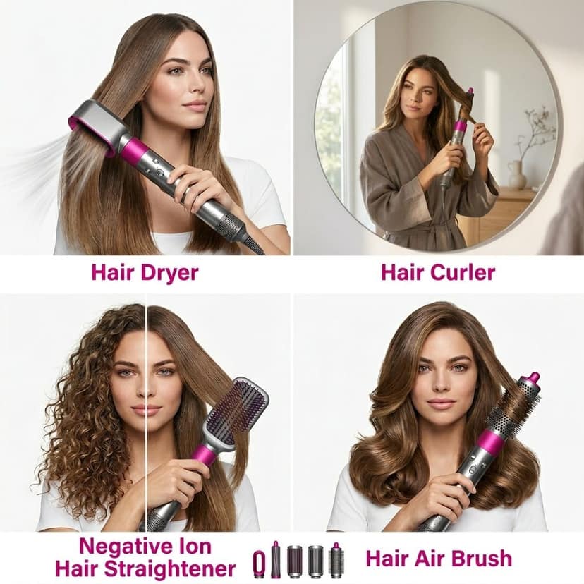 5-in-1 Hot Air Brush Hair Dryer & Volumizer | Detachable Blow Dryer Brush, Straightener, Curler, Crimper & Auto-Wrap Rotating Comb | Negative Ion Anti-Frizz Technology | Professional Salon-Quality Fast Drying & Multifunctional Hair Styling Tools for Women view 2