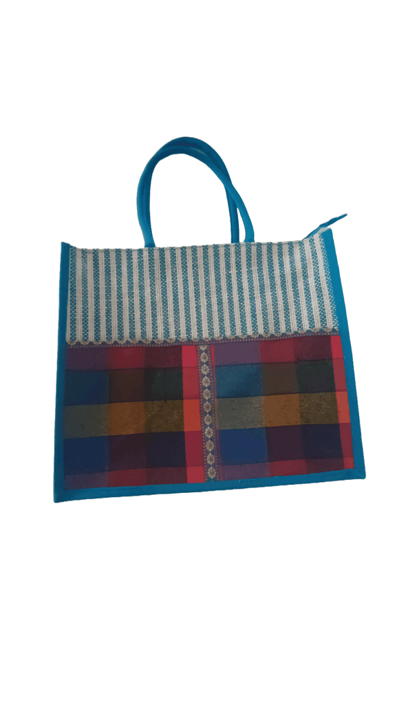 Blue Handwoven Jute Tote Bag with Colorful Striped and Floral Print