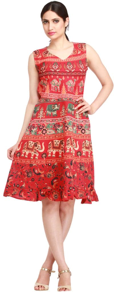 Poinsettia-Red Summer Dress from Pilkhuwa with Printed Elephants and Camels view 2