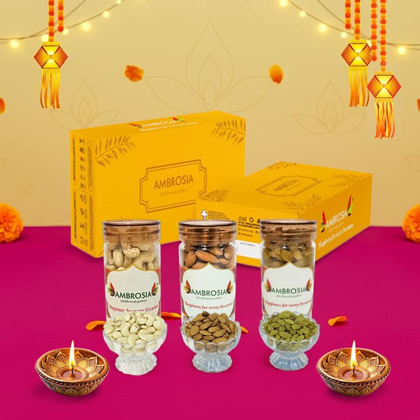 Ambrosia Diwali Dry Fruits Gift Box 340g - Diwali Gift Hamper | Festive Dry Fruit Gift |Almonds, Cashew & Raisins view 2