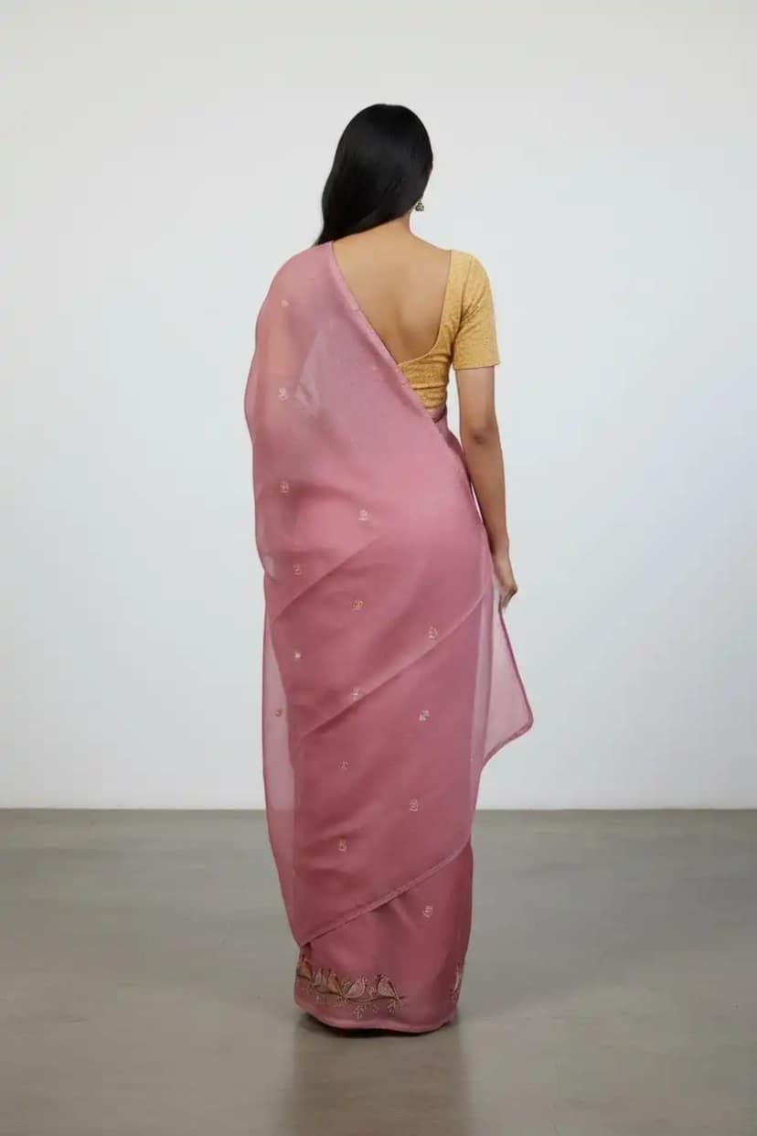 Dusty Pink Kota Doria Cotton-Silk Saree with Block-Print Buta view 2