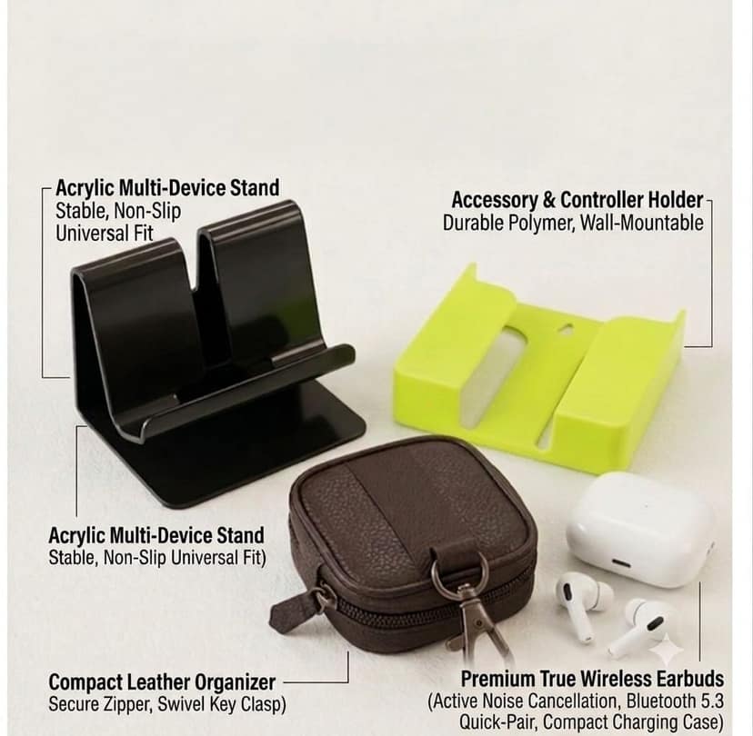 Mobile Accessories Combo Set with True Wireless Earbuds, Leather Pouch for Earbuds and Heavy Duty Metal Mobile Stand, Wall Mount Mobile Stand view 2