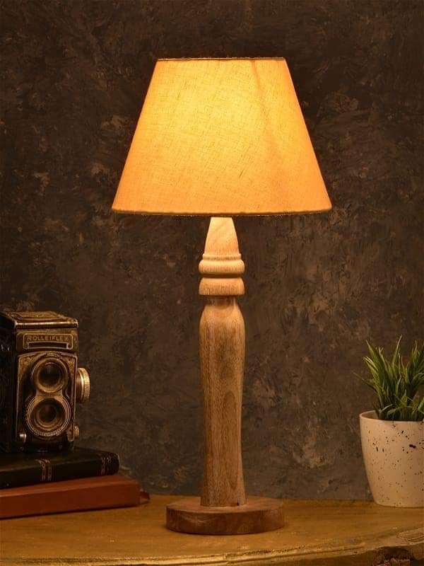 Green Girgit Round Brown Lamp With Taper Yellow Cotton Shade view 2