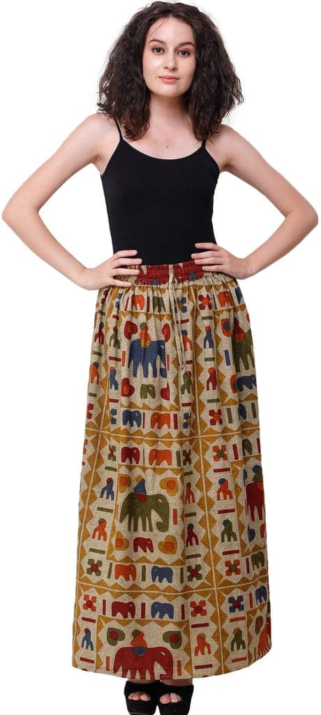 Pale Olive Green Stone-Washed Long Elastic Skirt with Printed Elephants