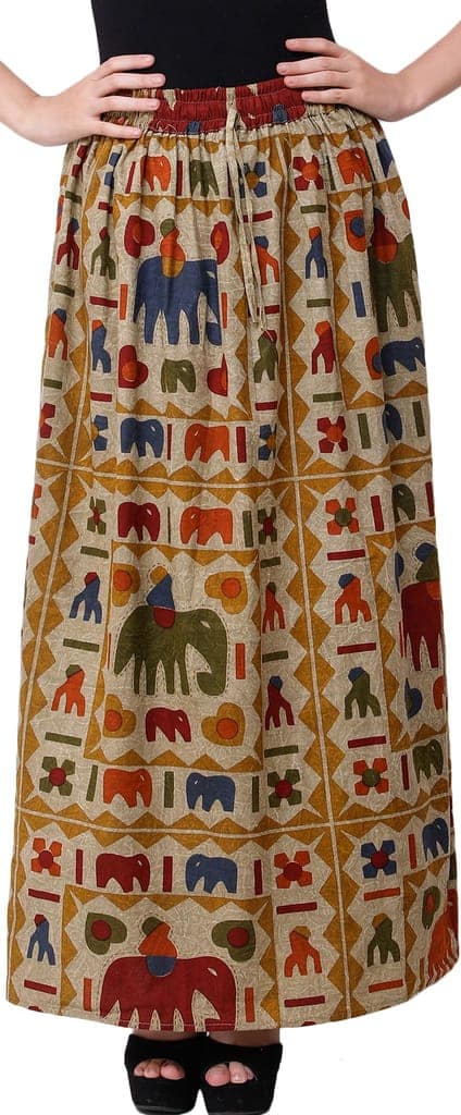 Pale Olive Green Stone-Washed Long Elastic Skirt with Printed Elephants view 2