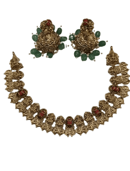 Exquisite Kundan Meenakari Coin Necklace Set with Red Stones and Green Beads