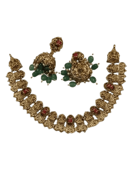 Exquisite Kundan Meenakari Coin Necklace Set with Red Stones and Green Beads view 2