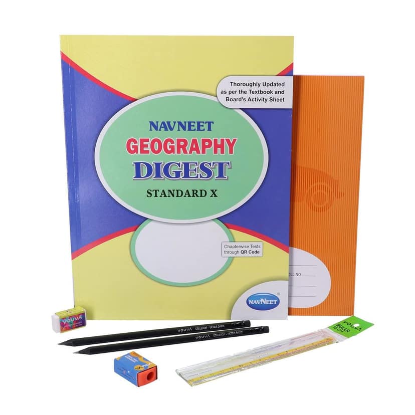 Navneet Youva | Std 10 Geography Digest Study Kit 1 | Happiness Combo (1 Digest + 1 Notebook + 2 Pencils +1 Sharpener + 1 Eraser + 1 Scale), Multi Color, (23894)