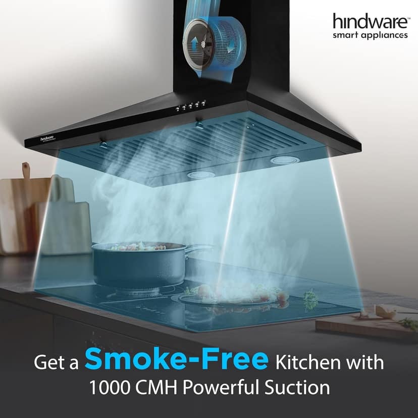 Hindware Smart Appliances, Marvia 60 cm Chimney, 1000 CMH, Pyramid, Push Button, Efficient Dual LED Lamps and Double Baffle Filter, 5 Yrs Warranty on Motor & 2 Yrs on Product (Black) view 2