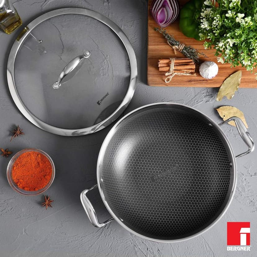 BERGNER Hi-Tech Triply Stainless Steel 20cm (1.5L) Kadai with Glass Lid, Honeycomb Healthy Non-Stick Coating, Non-Toxic, Less Oil Use, Healthy Cooking, Durable - Induction and Gas Stove Ready view 2