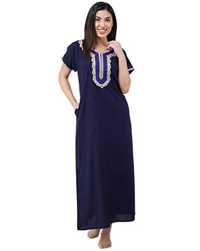 KOI SLEEPWEAR Premium Women White Contrast Embroidery Night Gown Lizzybizzy Cotton Nighty Maxi (Large, Navy Blue)�