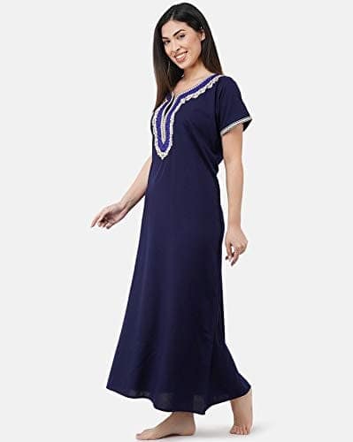 KOI SLEEPWEAR Premium Women White Contrast Embroidery Night Gown Lizzybizzy Cotton Nighty Maxi (Large, Navy Blue)� view 2