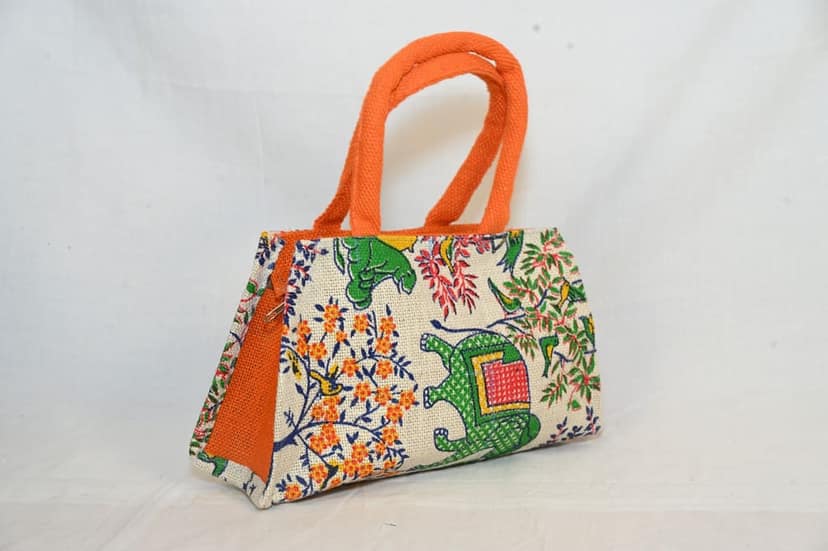 Small Printed Jute Bag with Orange Handles