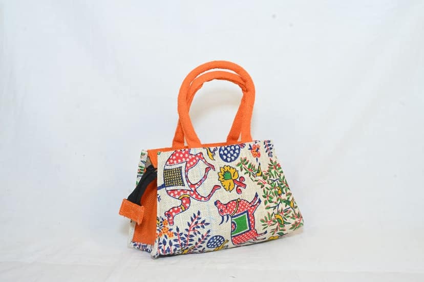 Small Printed Jute Bag with Orange Handles view 2