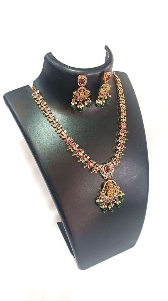 Traditional Indian Gold Plated Temple Jewellery Necklace Set with Earrings for Women view 2