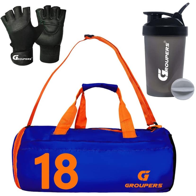 GROUPERS Combo Set of Duffle Polyester Bag with Shaker Bottle-400ml & Gloves