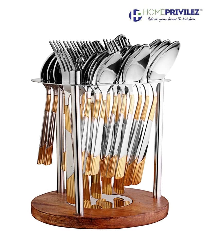 Luna cutlery-Stainless Steel and gold coated 24 pcs set in Stainless Steel stand with wooden base view 2