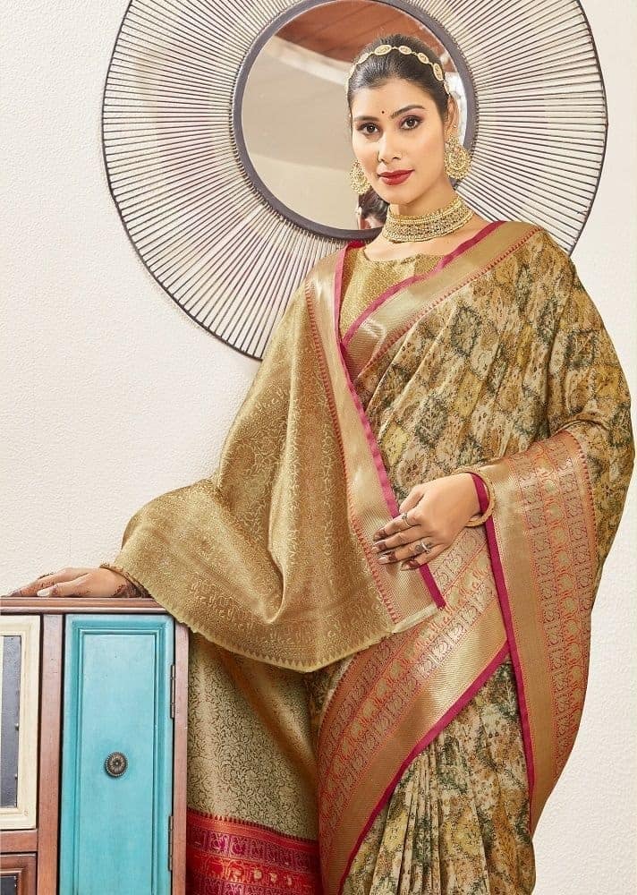Digital Printed Art Silk Saree in Beige view 2