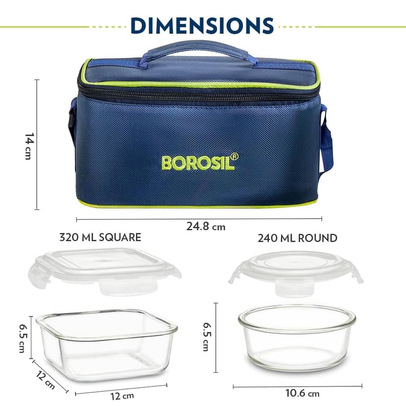 Borosil Klip n Store Lunchbox | Set of 4 pieces (320ml x 2 Square + 240ml x 2 Round), Borosilicate Glass view 2