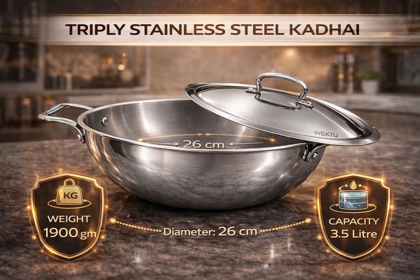 WEKTU Premium Tri-Ply Stainless Steel Kadhai with Lid - Induction & Gas Compatible, Mirror Finish