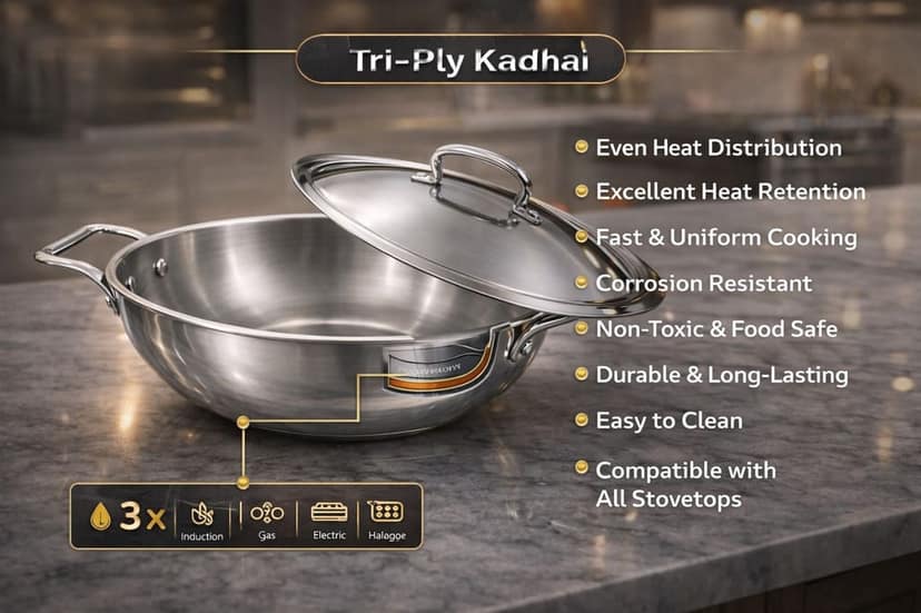 WEKTU Premium Tri-Ply Stainless Steel Kadhai with Lid - Induction & Gas Compatible, Mirror Finish view 2