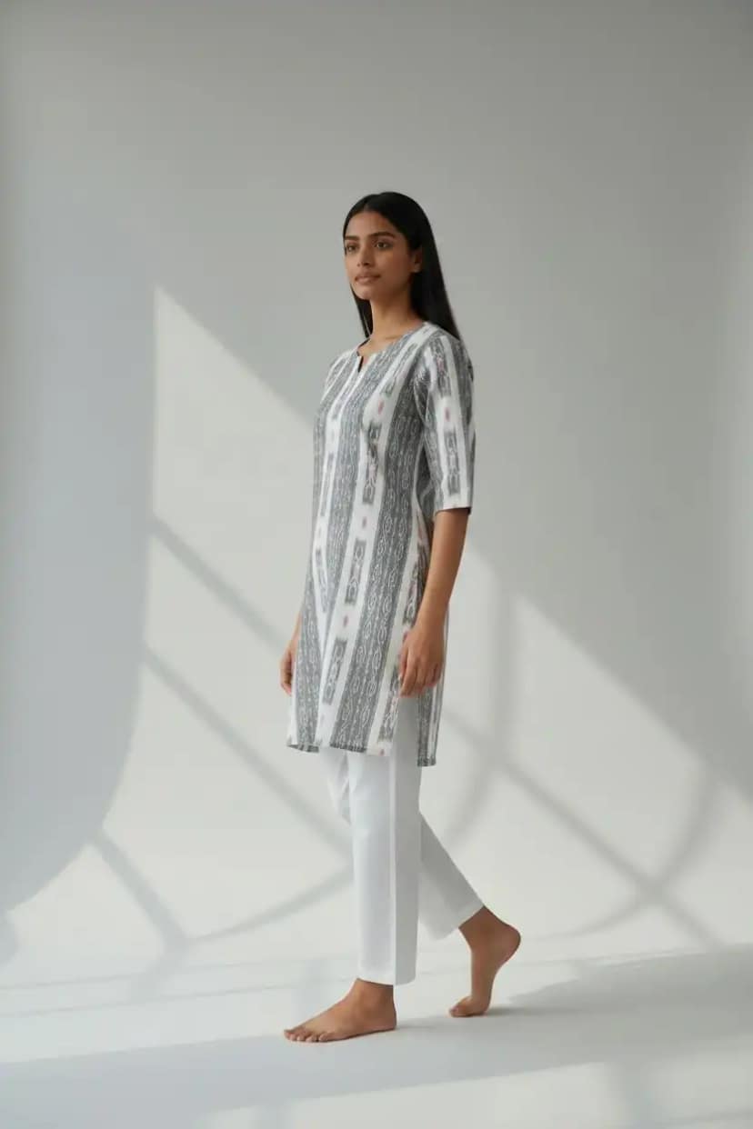 Handwoven Sambalpuri Cotton Kurti in Grey and White Bandhakala Ikat view 2