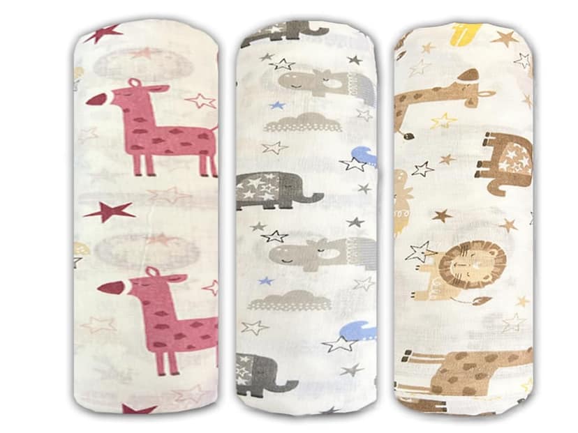 Trance Home Linen Super Soft 100% Cotton Malmal Swaddle Cloth | Newborn Baby Blanket | Large Size Thin Cotton Sheets | Baby Swaddle Wrap (145 x 145 cm, Animals) - Pack of 3 Trance Home Linen Super Soft 100% Cotton Malmal Swaddle Cloth | Newborn Baby Blan