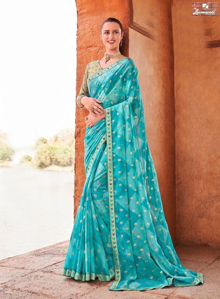 Turquoise Color Sparkle Chiffon Saree With Embroidery Border And Fancy Resham Embroidery Blouse Piece