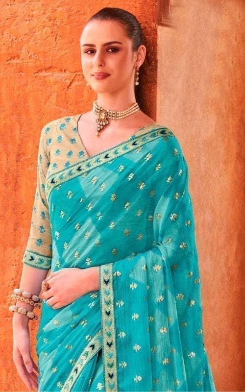 Turquoise Color Sparkle Chiffon Saree With Embroidery Border And Fancy Resham Embroidery Blouse Piece view 2