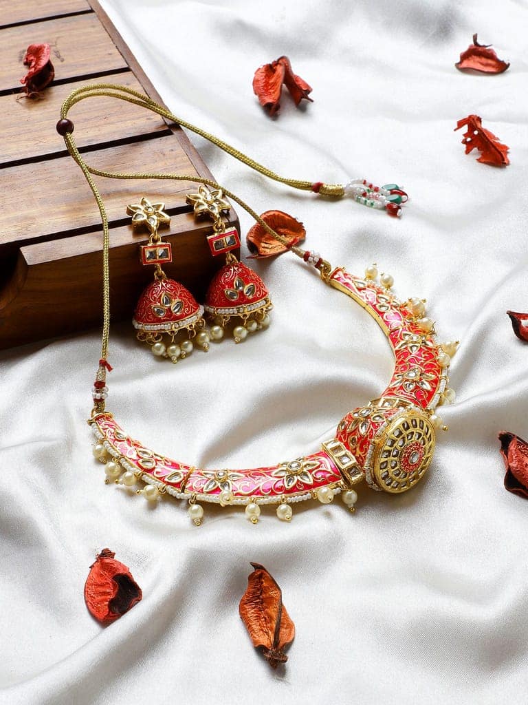 Red Color Minakari Kundan Rajwada Hansli Gold Plated Choker Necklace Set view 2