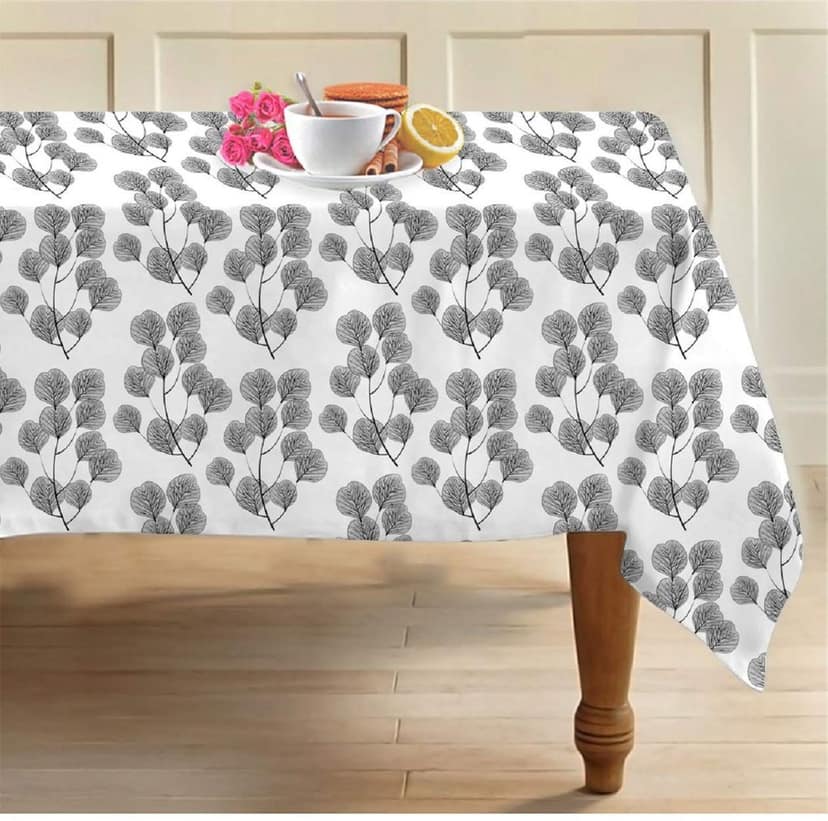 AIRWILL 100% Cotton Floral Pattern 8 Seater Rectangle Table Cover Sized, 56x95 inches (Black,White, Pack of 1)