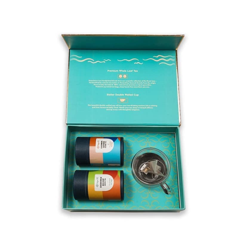 Udyan Tea Travel & Tea Gift Box - Premium Pyramid Tea Bags Set with Kashmiri Saffron Kahwa & Chamomile Delight, Includes Stylish Double-Walled Glass Cup view 2