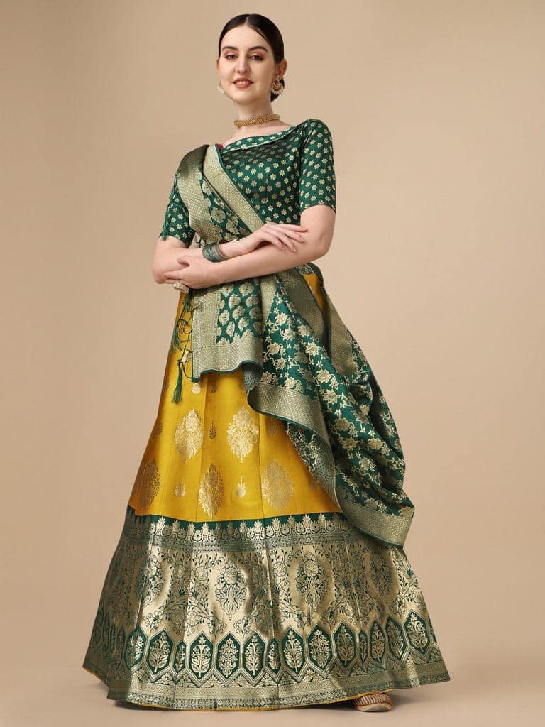 Yellow Brocade Fabric Lehenga & Unstitched Blouse With Dupatta view 2
