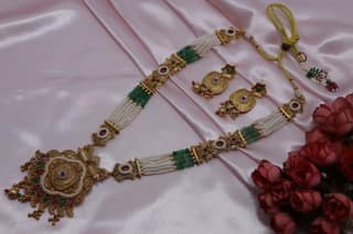 Traditional Gold Plated Pearl & Stone Choker Necklace Set with Earrings