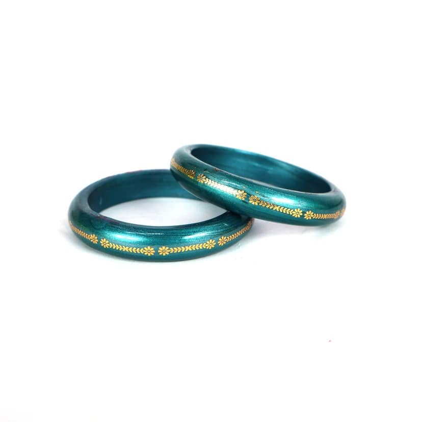 FHS Rajasthani Inner Gold Work Lac Bangles Set - Blue view 2
