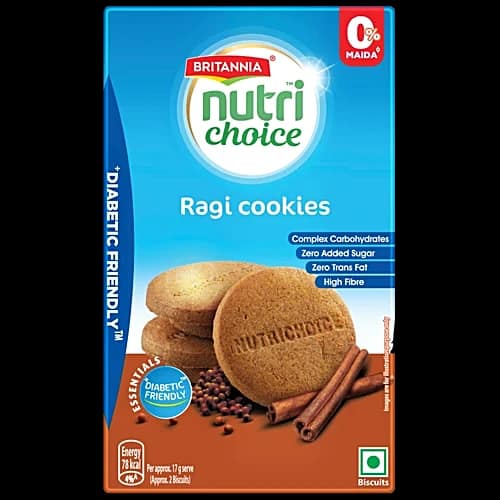 Britannia Nutrichoice Essentials Ragi Cookies - No Added Sugar & Diabetic Friendly, High Dietary Fibre, 150 G