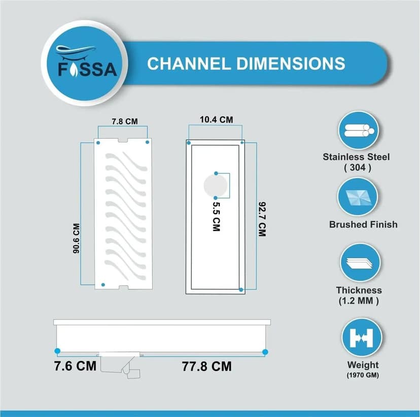 Wave (36 x 4 Inches) 304 Grade Brushed Shower Drain Channel Floor Drain view 2